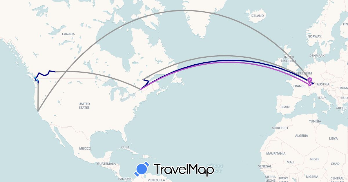 TravelMap itinerary: driving, plane, train, boat in Canada, Switzerland, United States (Europe, North America)